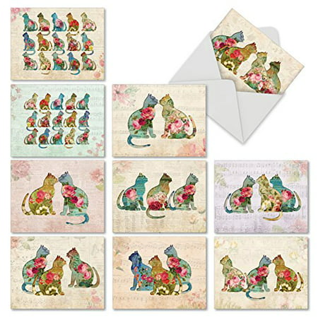 'M6452OCB CATFIGURATIONS' 10 Assorted All Occasions Note Cards Featuring Cat Silhouettes Filled with Luscious Floral Designs with Envelopes by The Best Card