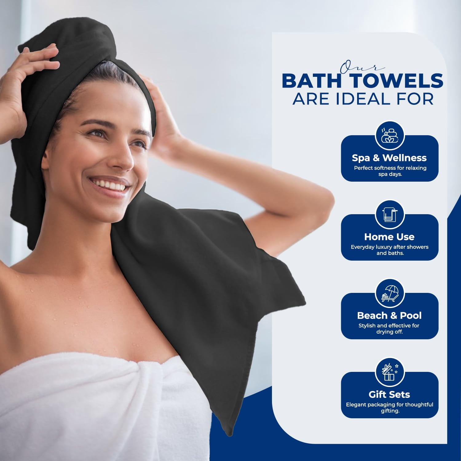 Dan River Bath Towel 6 pack 24x48 in Ultra Soft Quick Drying Cotton Towel - Black