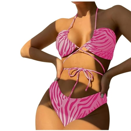 Owordtank Thong Bikini Swimsuit for Women Sexy Solid Color Swimsuits Two Piece Hot Pink L