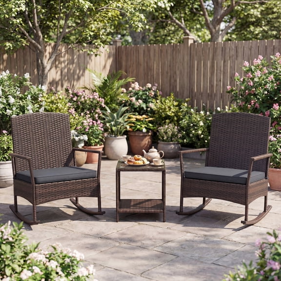 Gymax 3 Piece Patio Rocking Bistro Set 2 Rattan Armchairs w/ 2-Tier Side Table Gray