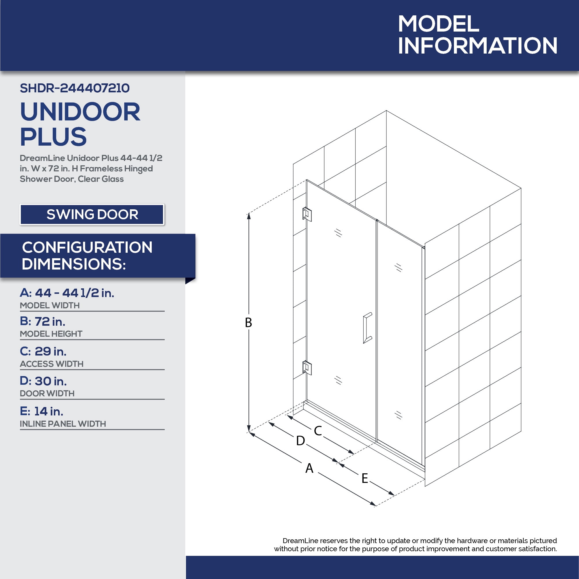 DreamLine Unidoor Plus 44-44 1/2 in. W x 72 in. H Frameless Hinged Shower Door in Satin Black