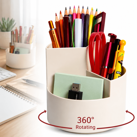 Genreen Desk Pencil Pen Holder, 3 Slots 360-Degree Spinning Organizers, Desktop Storage Stationery Supplies, Cute Cup Pot for Office, Art Supply- White