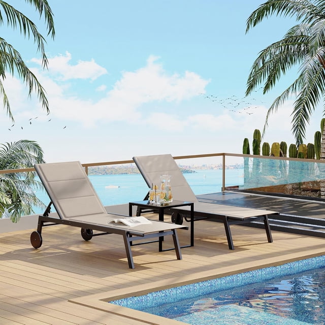 2 Pcs Chaises Longues de Patio avec Table d'Appoint, Chaises Longues de Piscine d'Extérieur à 5 Positions Réglables, Brun