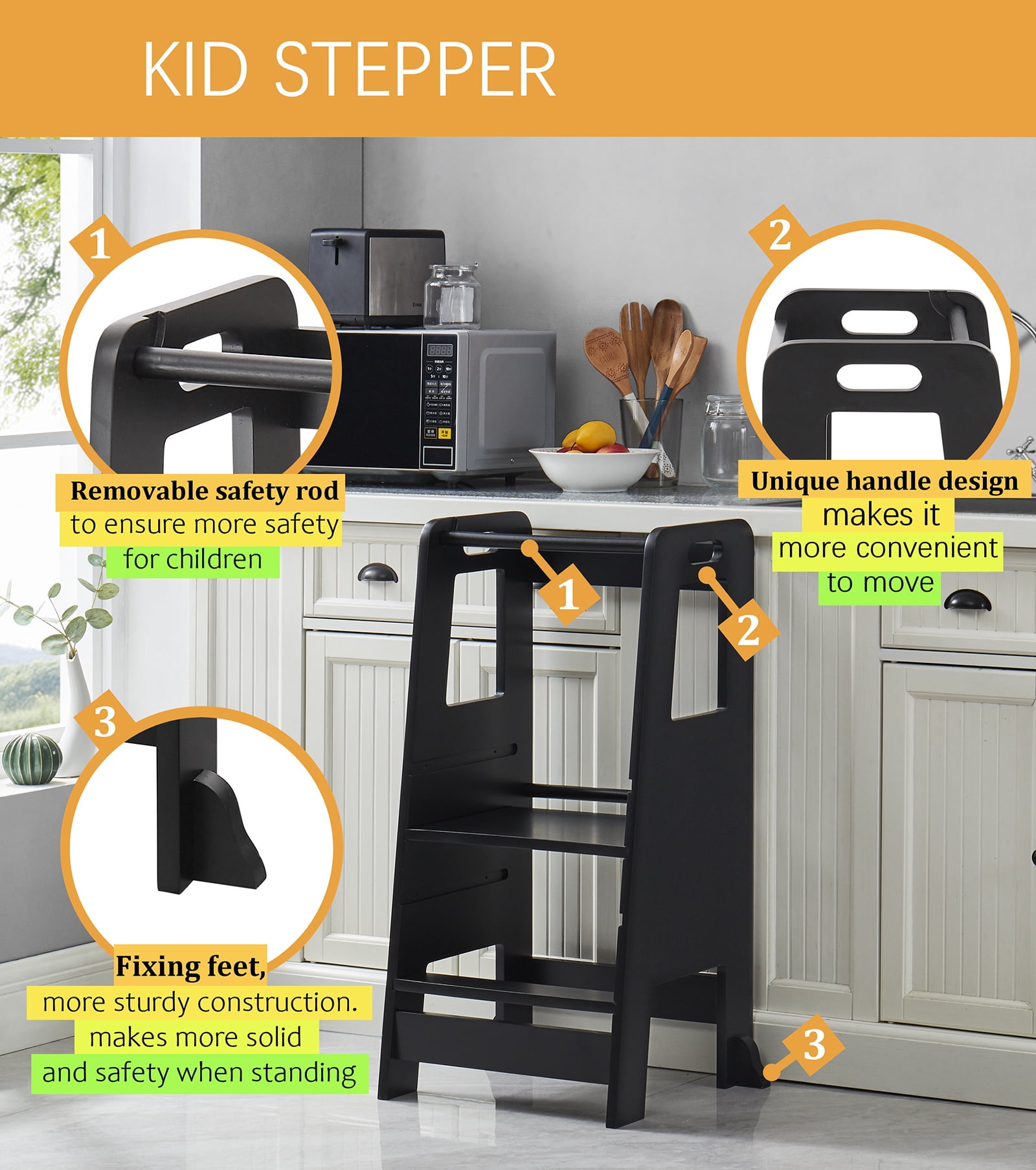 Kid's Wooden Kitchen Step Stool, Adjustable Platform Standing Tower with Safety Guardrail Child Studying Tower, Toddler Stool for Bathroom, Cooking Helper