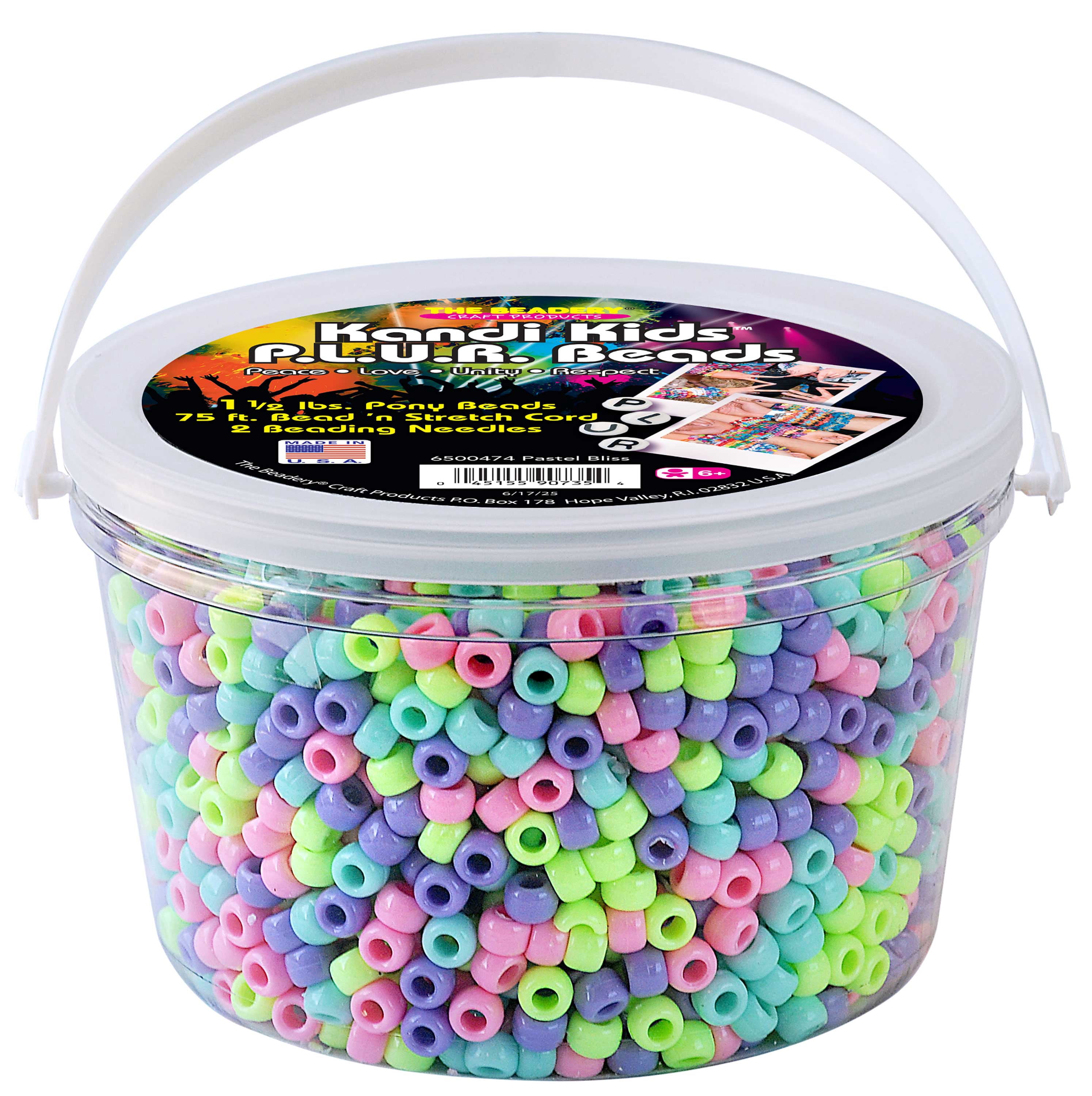 The Beadery - Kandi Kids Bucket, Pastel Bliss Multi - 6 Lbs Beads, Cord, Needles in 4 Tubs - USMP6500474