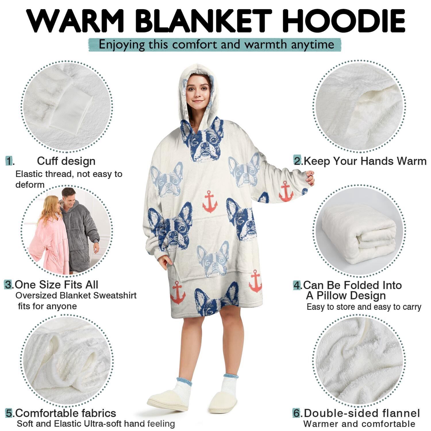 Anchor and Bulldog Dog Wearable Oversized Blanket,Wearable Blanket Hoodie for Adults,Cozy Hooded Blankets with Super Pockets,Super Warm Fuzzy Pullover for Women & Men