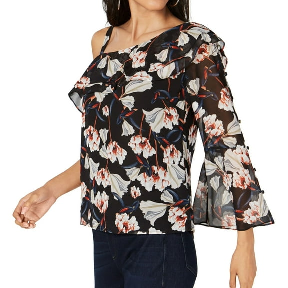 I.N.C Womens Asymmetric Floral One Shoulder Blouse, Black, Petite, PS