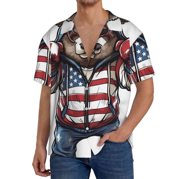 Balery Patriotic Boxing Bear Art Camisa Casual de Manga Corta con Botones para Hombre, Texturizada, Estilo Cubano, para Playa, Verano-3X-Large