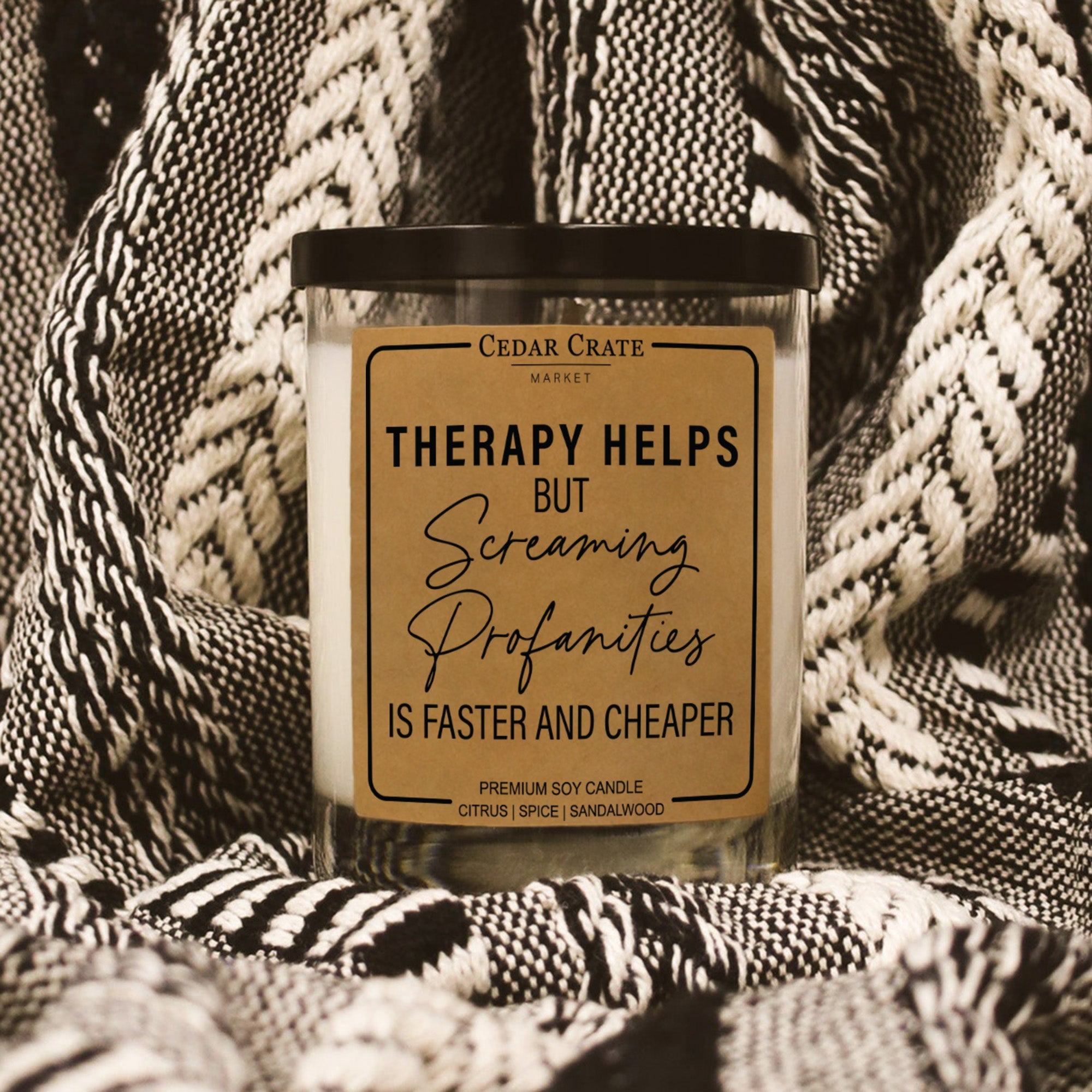 Funny Candle - Therapy Helps Profanity is Faster and Cheaper - Luxury Scented Soy Jar Candle, Gifts for Women, Birthday Gift for her, Best Friend Gift, Best Friend Candles, Funny Gifts