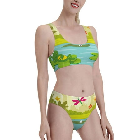 Uemuo Two Frogs Are Sitting On Water Lilies Printed Women s High Waisted Bikini Sets Sporty Two Piece Swimsuits Color Block Cheeky High Cut Bathing Suits-