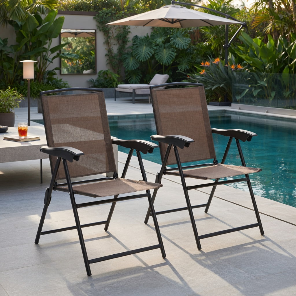 Hommoo 4-Pack Foldable Outdoor Dining Chairs with Adjustable Sling Back, Rust-Resistant Steel Frame, Breathable Fabric, for Patio, Poolside, Balcony & Indoor Use, Brown
