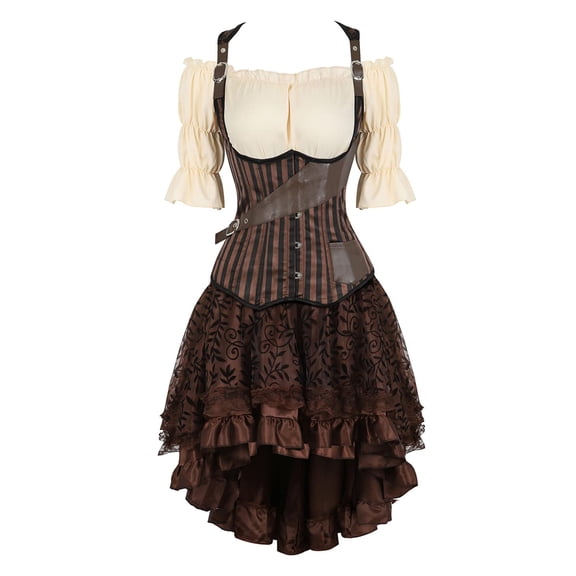 Grebrafan Steampunk Blouse, Pirate Underbust Corset and Skirt 3 Piece Set Women 4XL Brown