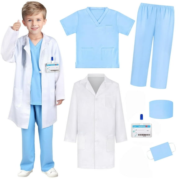 Odeerbi 3-15 Years Toddler Boys Girls Scrubs Set Stage Performance Outfits Children's 100 Days of School White Coat Dress Up Nurse Uniform Little Gown Set Toddler Boys Girls Clothes