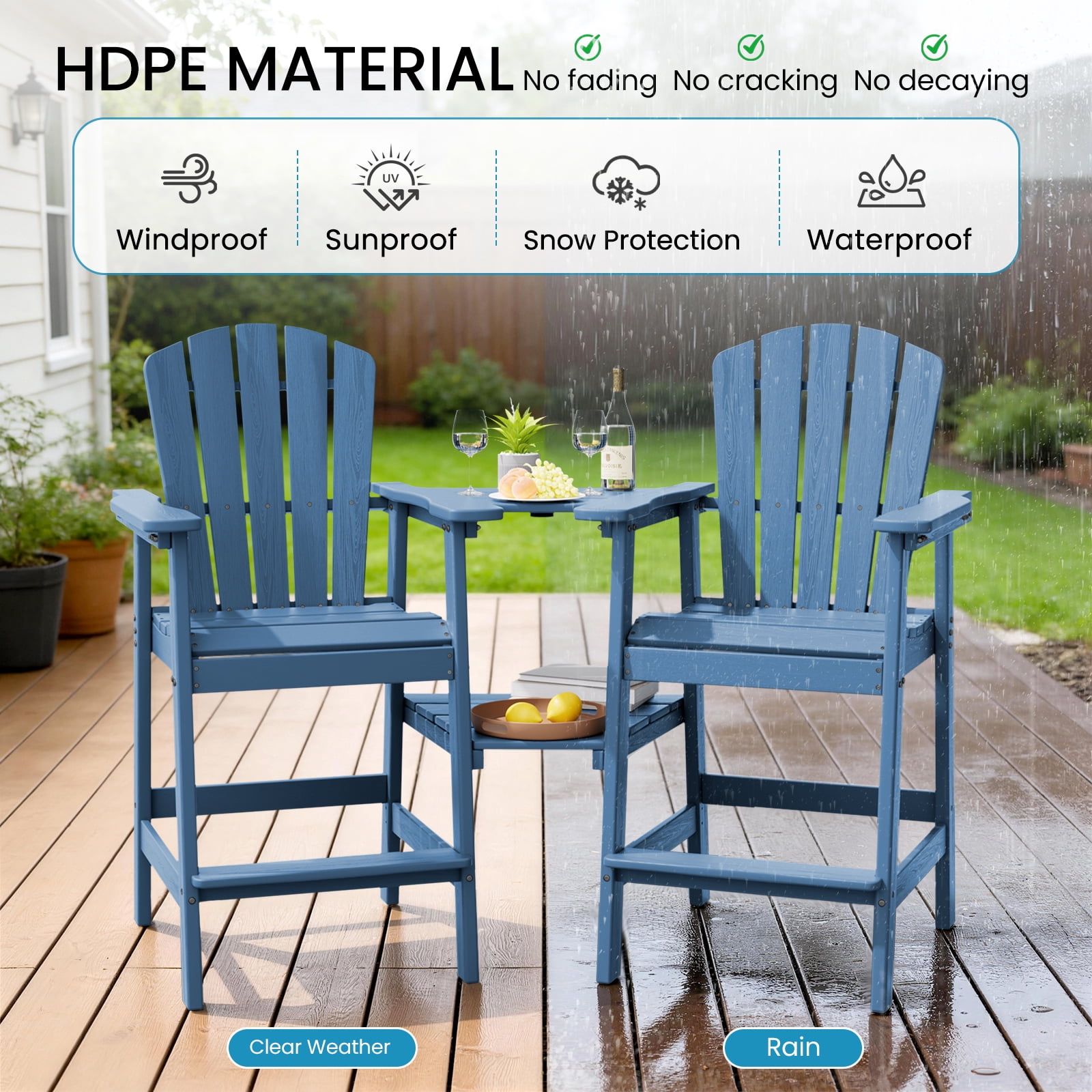 LOYALICE Tall Plastic Adirondack Chair Set of 2 W/ Outdoor Barstools and Connecting Tray, Navy Blue