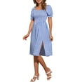 thumbnail image 4 of Vestido Gingham con fruncido Inspire Chic para mujer, escote cuadrado, abertura lateral, vestido de cuadros casual S azul, 4 of 6