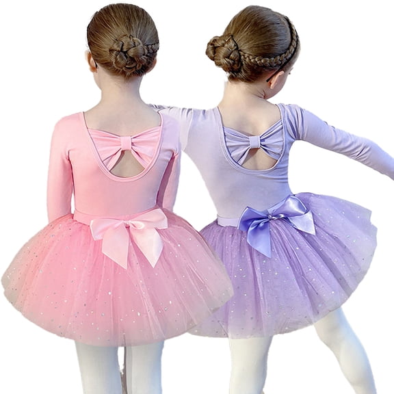 LYMAYTER Ballet Leotards for Girls Long Sleeve Skirted Leotards Toddler Glitter Ballet Dress 3Y-11Y