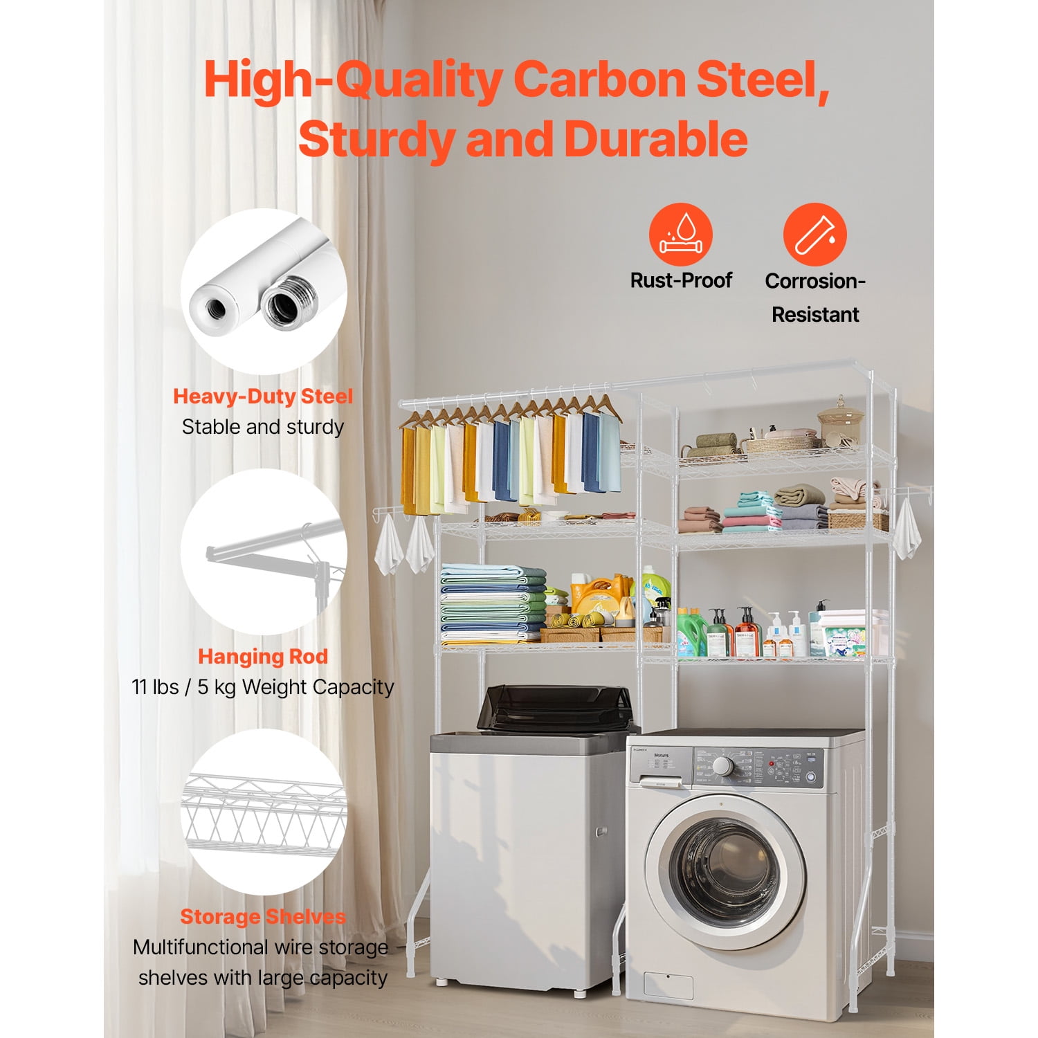 KFFKFF Over Washer and Dryer Storage Rack, 63" Laundry Clothes Drying Rack with Adjustable Shelves, Hanging Rod and Hooks, Ideal for Laundry Room Organizing, White