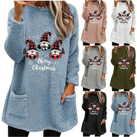 Feancey Christmas Fleece Sweatshirts for Women Novelty Gnome Printed Thermal Tops Winter Fuzzy Warm Loungewear Cozy Casual Loose Pullover with Pockets Black L