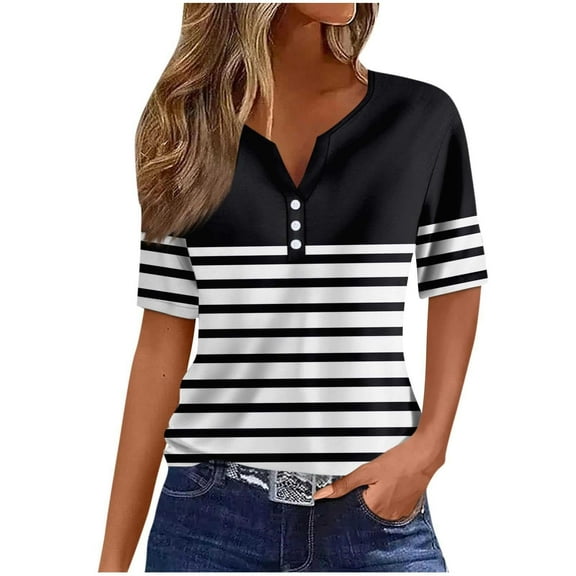 WREESH Women's Striped Henley Shirt Fashion Short Sleeve V-Neck Button-Up Top with Casual Style Black