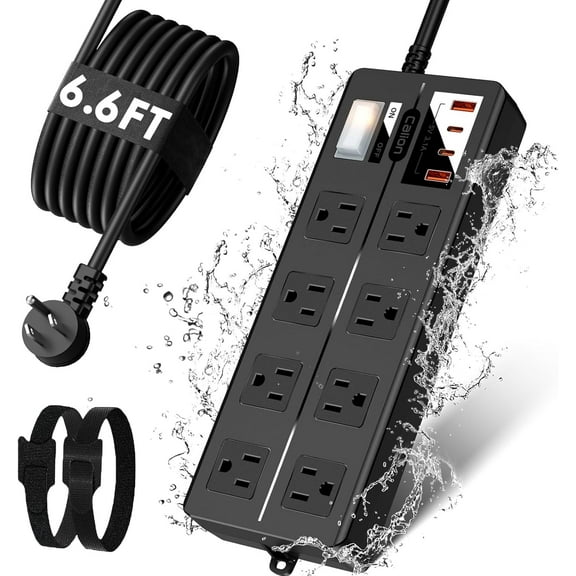 Outdoor Power Strip Weatherproof, Waterproof Surge Protector with 8 Wide Outlet with 4 USB Ports, 6.6FT Extension Cord,1875W Overload Protection for Home Dorm Patio Christmas Lights