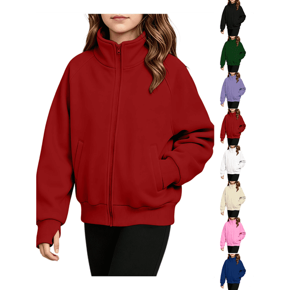 Girls Sweatshirt Nelozsy Children's Solid Color Winter Zippered Long Sleeve Sweatshirt Coat With Thumbholes And Pockets Red 130