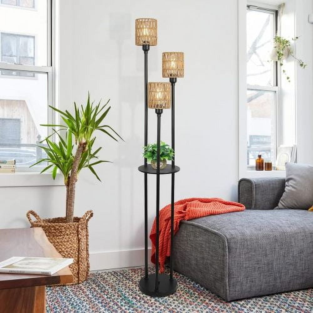 Hi-LIGHTS,3-Lights Boho Floor Lamp with Shelves & ON/OFF Foot Switch,Farmhouse Tall Floor Lamp,Rustic Standing Lamp with Rattan Shades for Living Room,Bedroom,Office(Black+Brown)