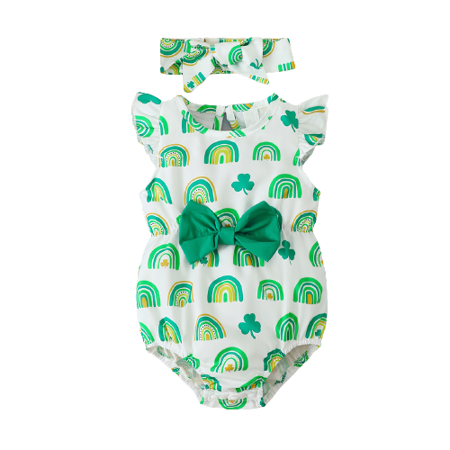 

Mikrdoo Newborn Baby Girls Clothes Rainbow Print Clover Print Bow Sleeveless Summer Romper With Headband 2Pcs Romper Set Green 9-12 Months