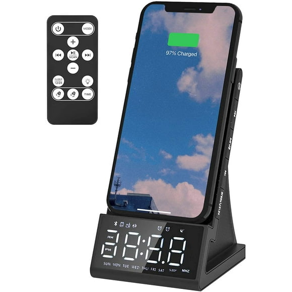 Wireless Charging Alarm Clocks with FM Radio, Bluetooth Speaker with USB Charger Port, Electric Clocks for Bedroom/Kids, Adjustable Alarm Volume and Brightness Dimmer, Snooze, TF Card Play