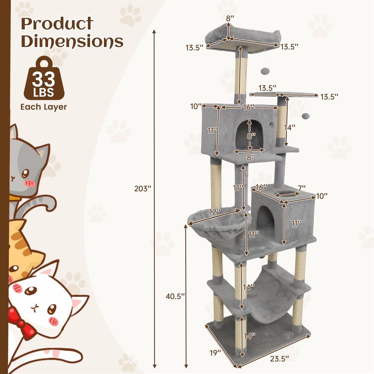 Demi Bonn 80" Tall Cat Tree, 2 Large Condos & Dangling Toys, Hammock & Sisal Scratching Posts, Light Gray