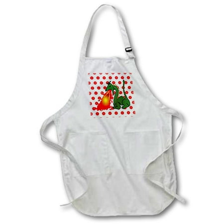 3dRose Print of Fire Breathe Dragon On Red Dots, Full Length Apron, 22 by 30-inch, White, With Pockets