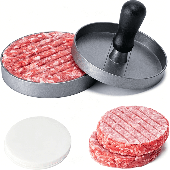 CURYMAY Burger Press 100 Patty Papers Set,4.6 Inch Round Smasher,Non-Stick Patty Maker with Wax Paper,Aluminum Burger Maker for Kitchen Bbq Meat Beef Cheese Veggie