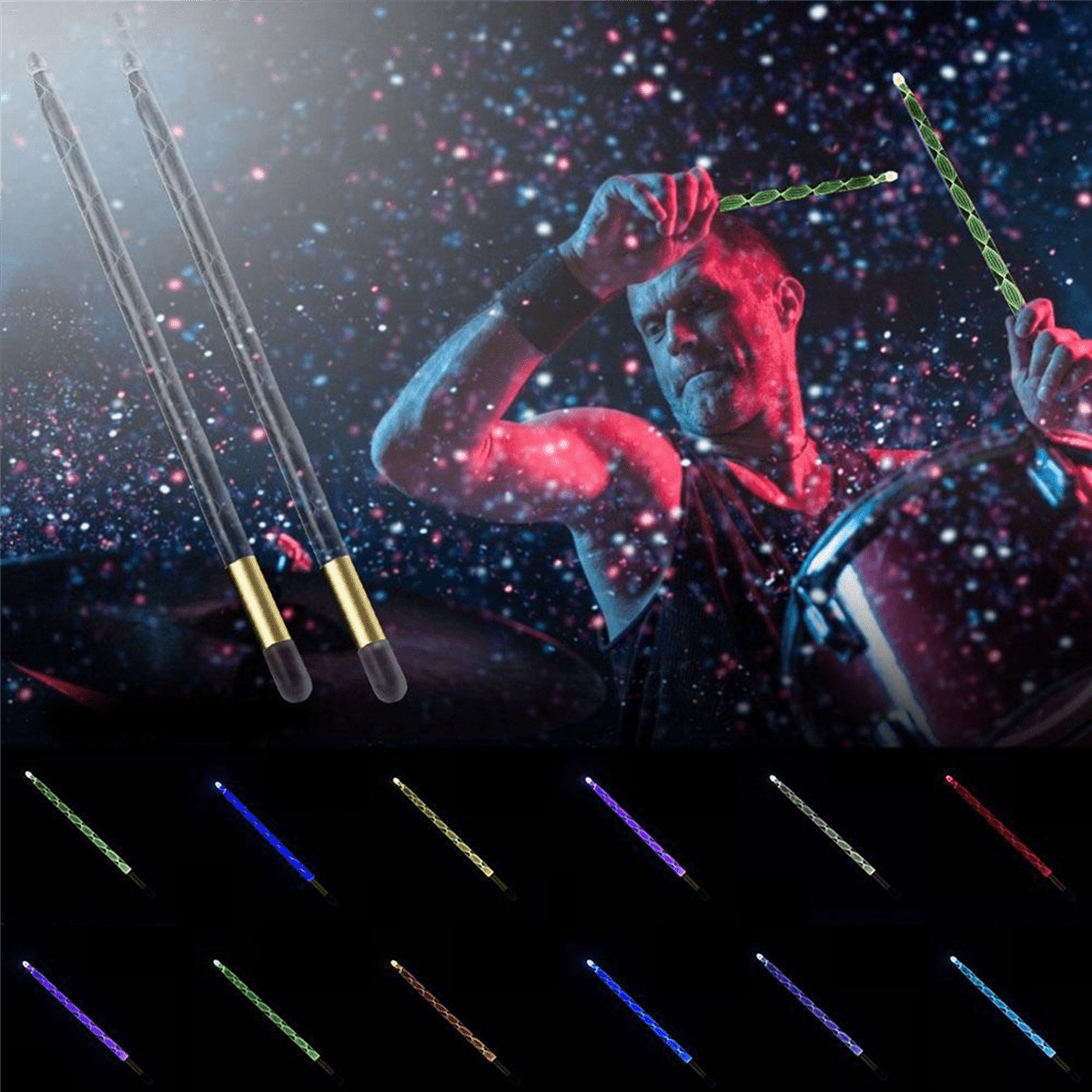 4x 5A Acrylic Luminous Drum Stick Bright LED Light Up Drumsticks Jazz Drumsticks in the Dark Stage 13Colors Free Change,4 x Luminous drum sticks 4 x Lights,Transparent & gold