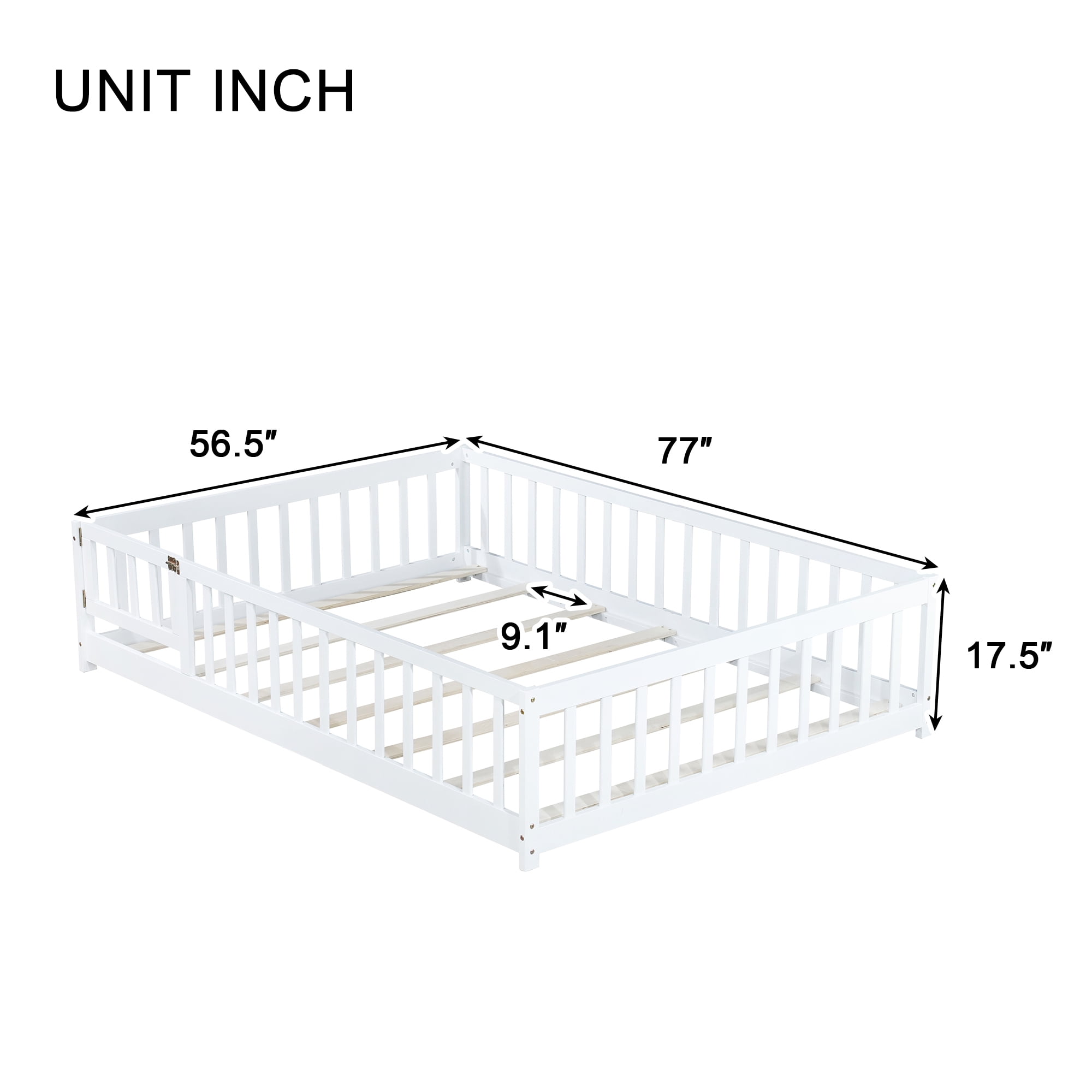 Sailvan Full Floor Bed with Fence and Door, Solid Wood Kids Platform Bed Frame White