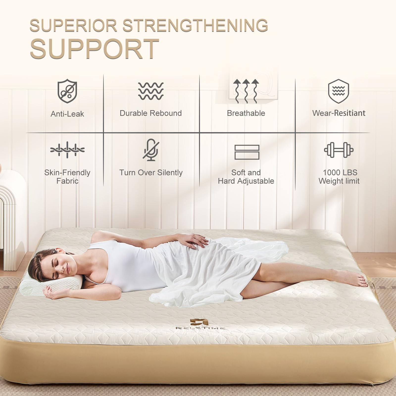 RELXTIME Full Air Mattress Camping Mattress Durable Blow Up Mattress, Electric Pump, Smooth Top Mattress Cover, Inflatable Air Bed Portable Mattress for Tent, Home, Travel & Guests Hiking