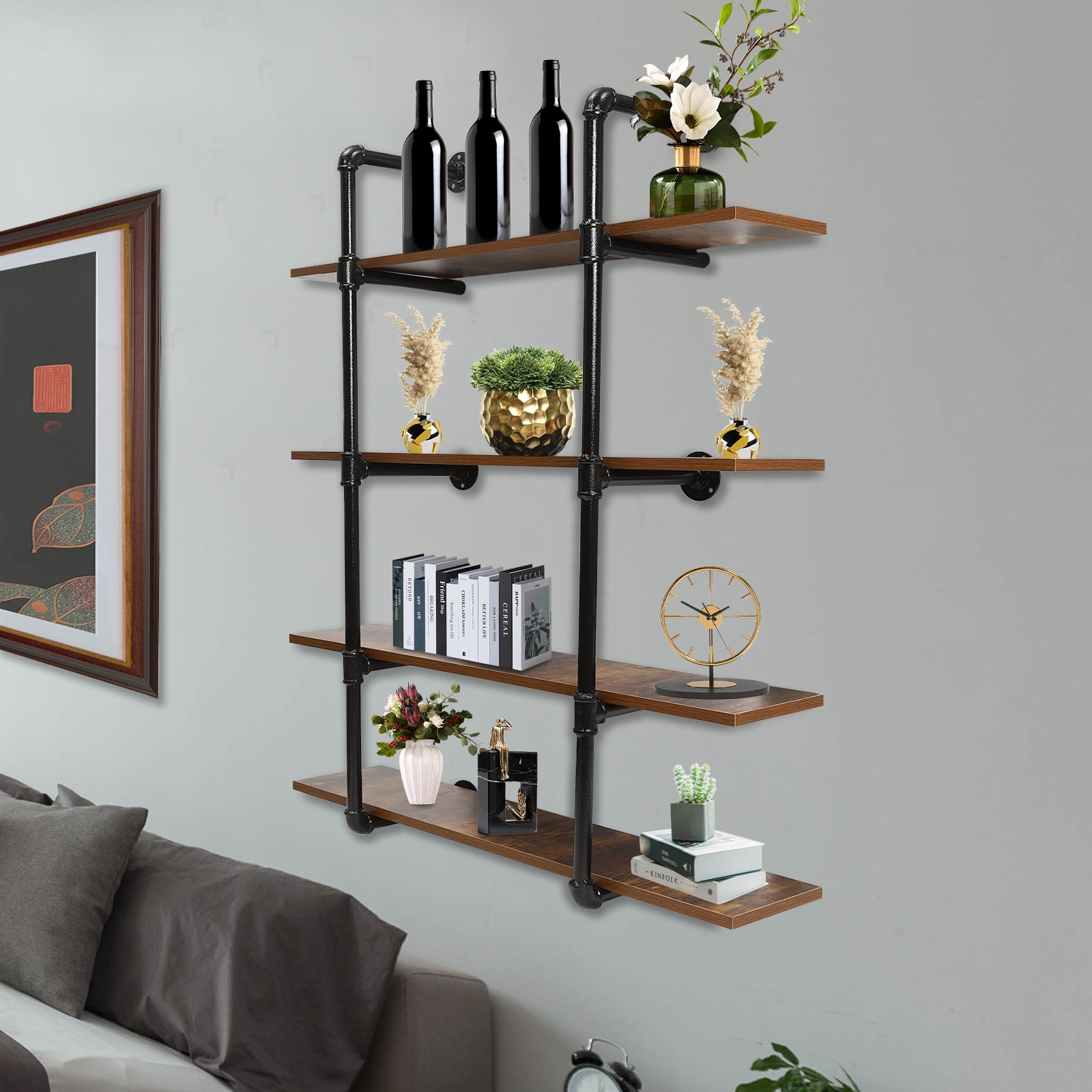 Industrial Pipe Shelving Wall Mounted  Rustic Metal Floating Shelves,Steampunk Real Wood Book Shelves,Wall Shelf Unit Bookshelf Hanging Wall Shelves,Farmhouse Kitchen Bar Shelving(4 Tier)