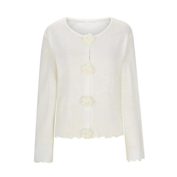 New trending & for spring GaThRRgYP Crochet Sweater Cardigans Womens New,Fashion Women's Solid Color Round Neck Three-Dimensional Rose Knitted Casual Sweater Top White S