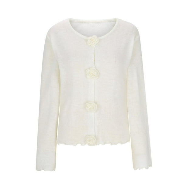 Suéter de cuello redondo para mujer, blusa informal de punto con rosas tridimensionales, color liso, de poliéster