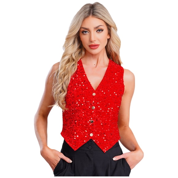 Jizyo Women's Glittery Sequins Vest Top Sleeveless V Neck Button Crop Disco Dance Tops Red M