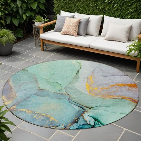 HomeRoots 559717 8 ft. Round Teal Round Abstract Washable Non Skid Indoor Outdoor Machine Woven Area Rug