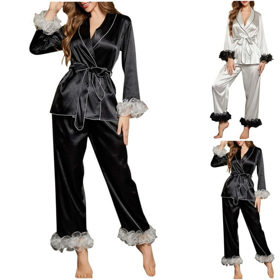 YHAJDS Winter Casual Pajama Suits For Women,Sleepwear Sets For Women Women's Pajama Sets Solid Color Long Sleeve V Neck Tie Front Top With Pants Mesh Trim Loungewear Set