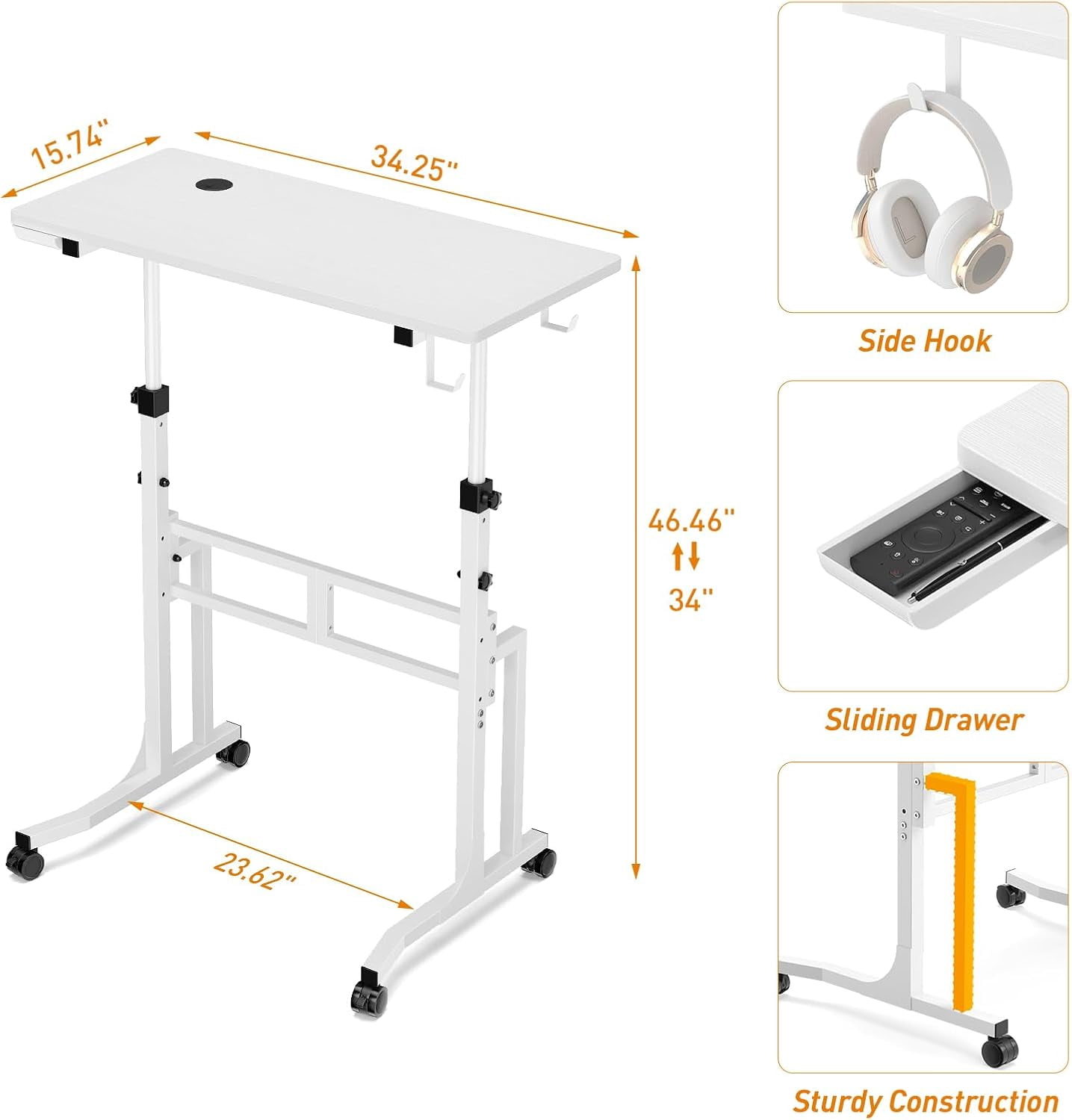 Standing Desk with Wheels, Adjustable Treadmill Desk, Rolling Bike Trainer Desk for Walking Pad Laptop, Phone Standing, White