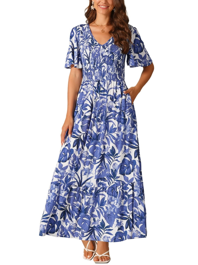 blue floral ruched dress The Blue Square Neck Floral Ruched Midi Dress & Reviews - Blue - Dresses main image 0