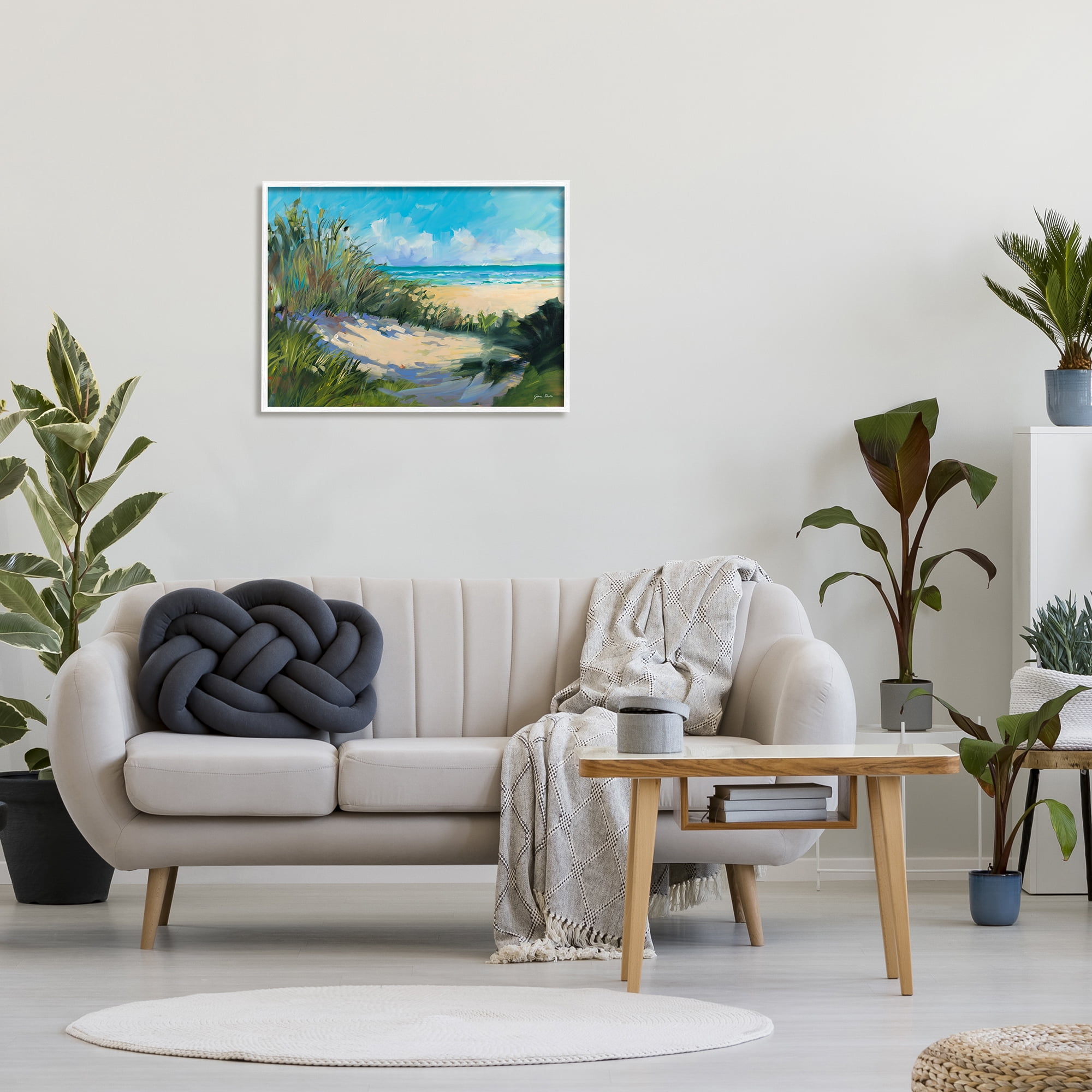 Stupell Industries Beach Sand Dune under Sunny Blue Sky Landscape Nature Painting White Framed Art Print Wall Art, 24 x 30