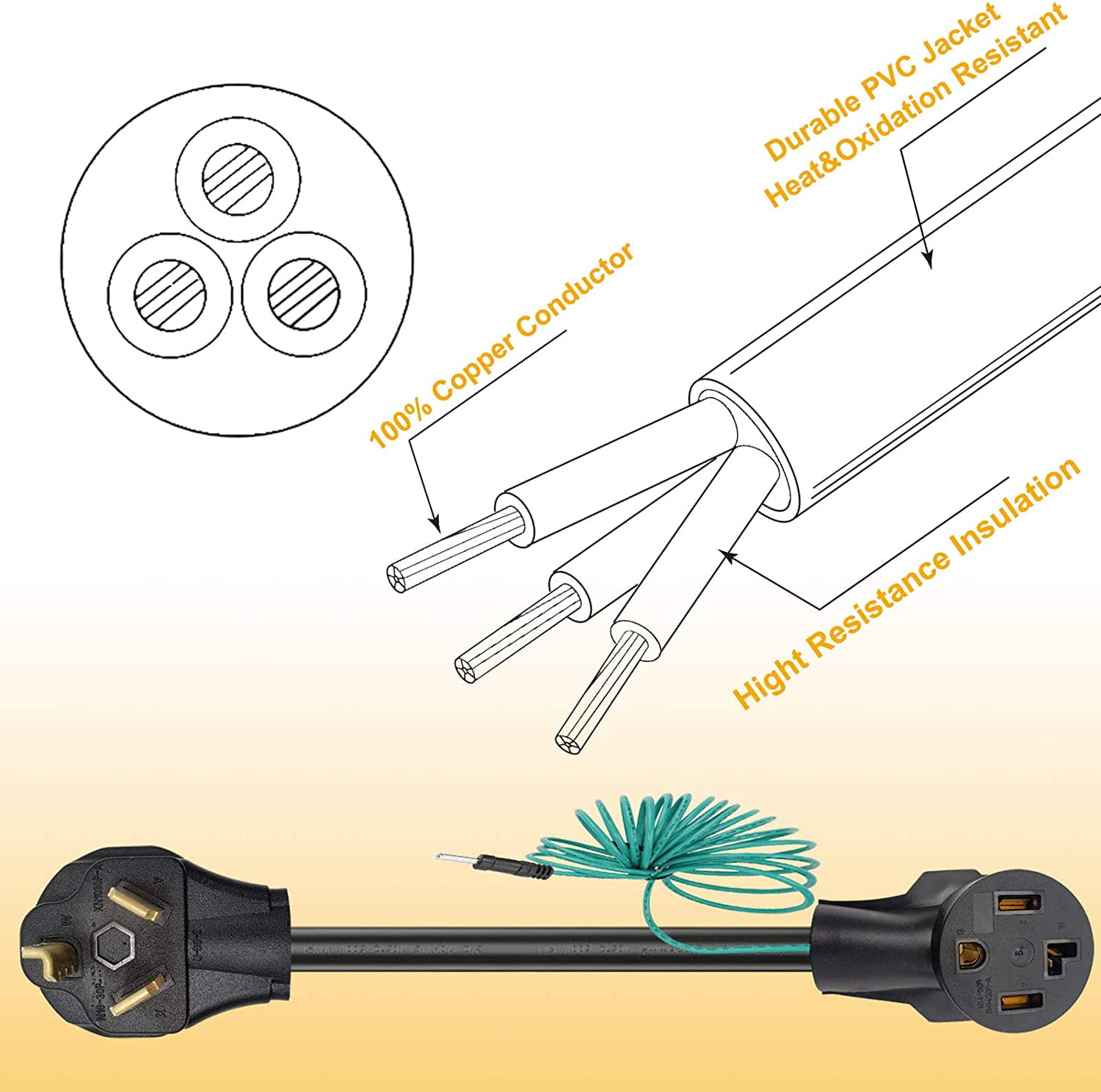 Dryer Adapter Cord, 4 Prong to 3 Prong Dryer Adapter Cord Convert 4 Prong Dryer Plug to 3 Prong Wall Outlet, Nema 10-30P Male to 14-30R Female with Safety Ground Wire, 1.5FT STW 10AWG 30Amp 110V/250V