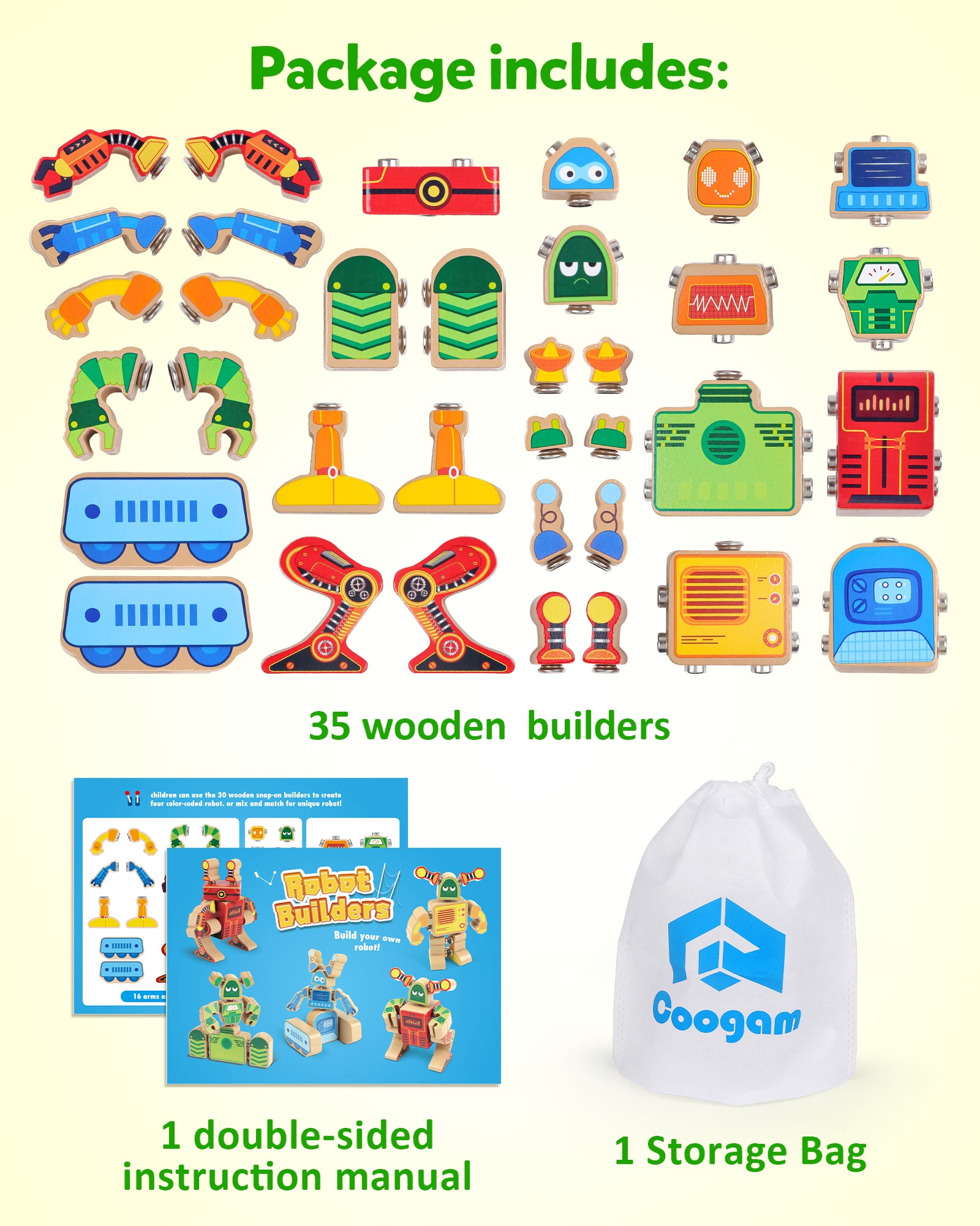 Coogam Fine Motor Building Robot Blocks for 3 4 5 Years Old, Wooden Snap Together Robot Builders, STEM Take Apart Robot Playset, Educational Learning Toy for Boys Girls