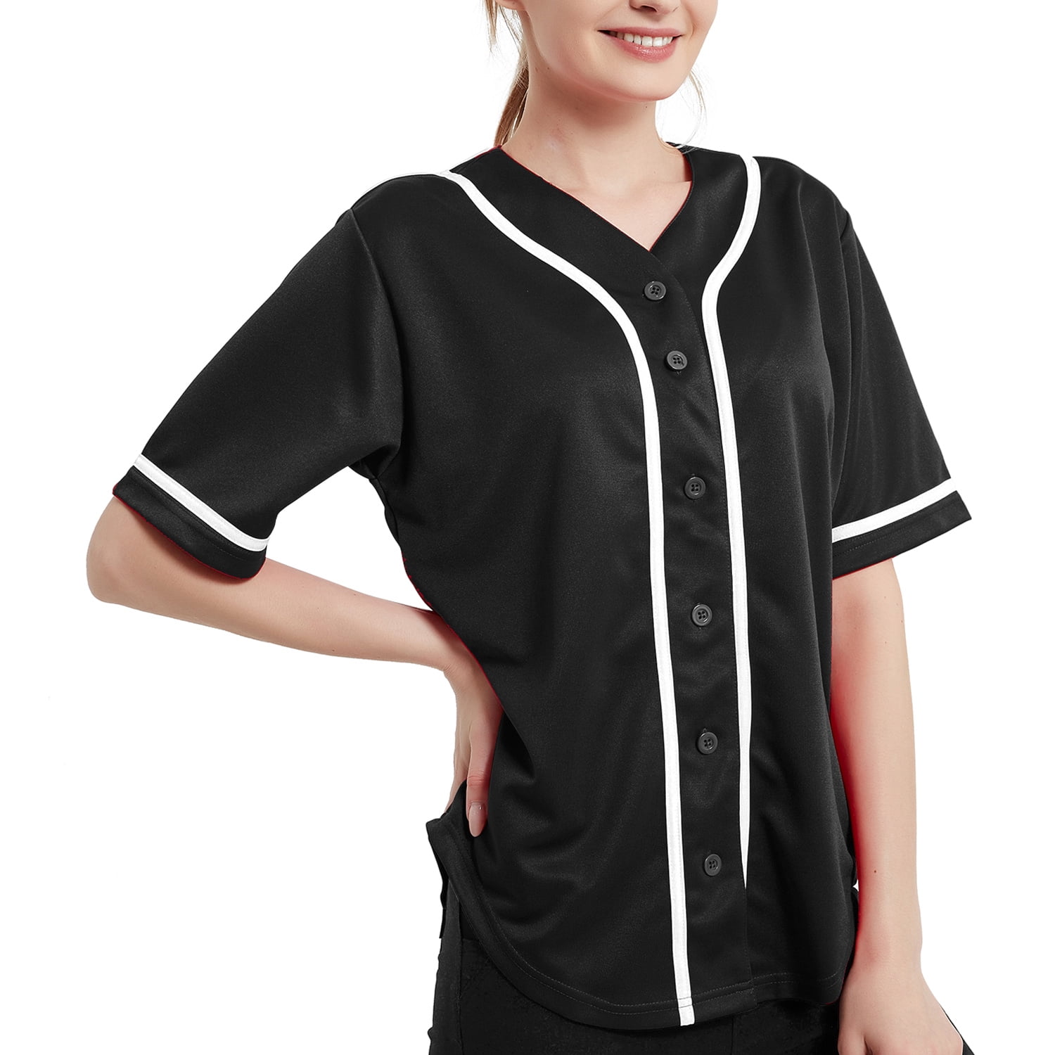 TOPTIE Women's Baseball Jersey Hip Hop Hipster Button Down Baseball T-Shirt-Black White-S