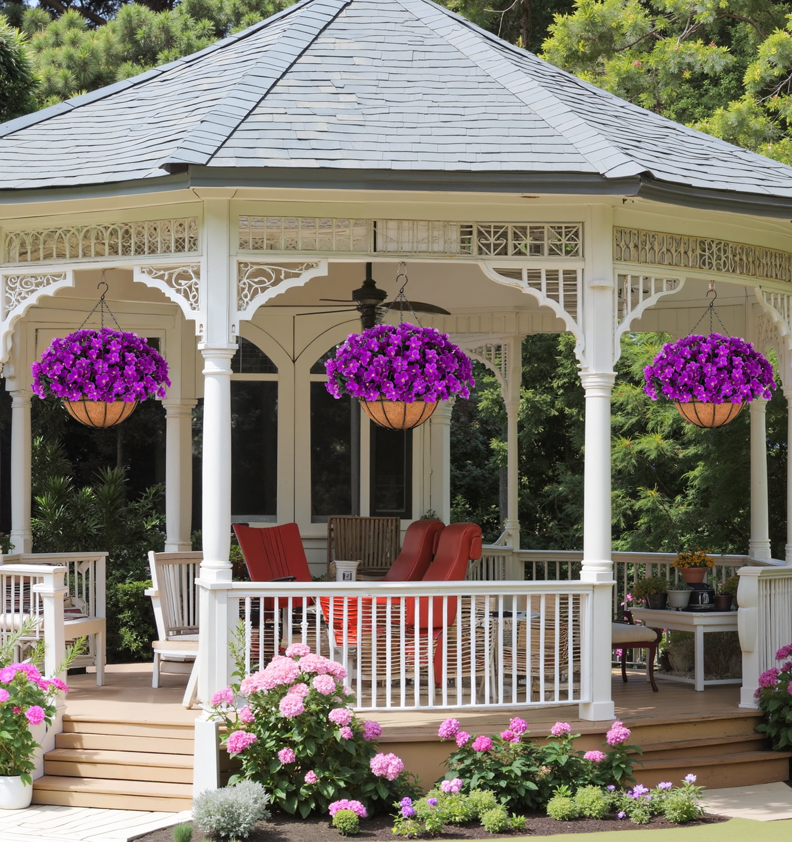 Scidweet Artificial Hanging Flowers with 12" Basket for Outdoors, Fake Flowers Faux Hydrangea for Spring Summer Outside Indoor Home Garden Decoration, Purple