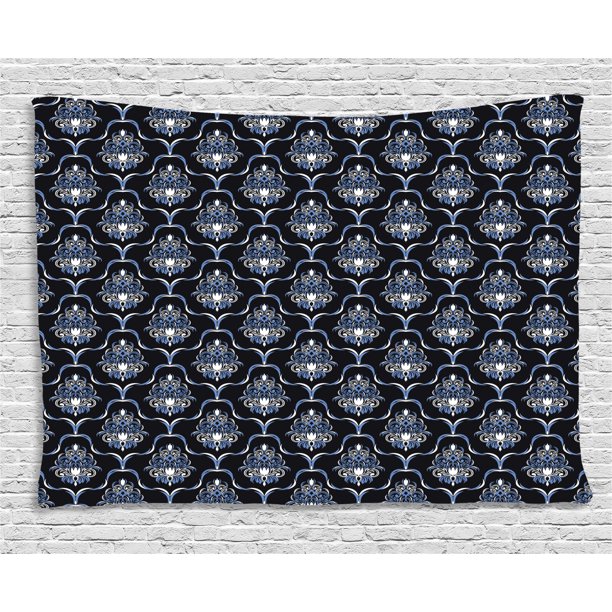 Dark Blue Tapestry, Vintage Royal Damask Motifs Swirls Curvy Tile