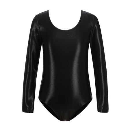 LIIPEE Girls Boys Gymnastics Leotards Spring Summer Long Sleeve Solid Color Ballet Yoga Shiny Dance Leotard Bodysuit Kids Comfort Practice One-Pieces Black 6-7 Years