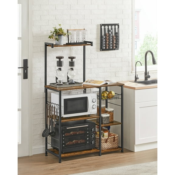 VASAGLE Estantería de Cocina, Soporte para Microondas y Panadería, Estantería de Almacenamiento con Cesta de alambre, 6 ganchos, para Especias, Ollas y Sartenes, Marrón Rústico y Negro